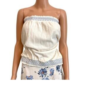 Anthropologie large Breezy Tube top linen embroidered smocked TS 3530